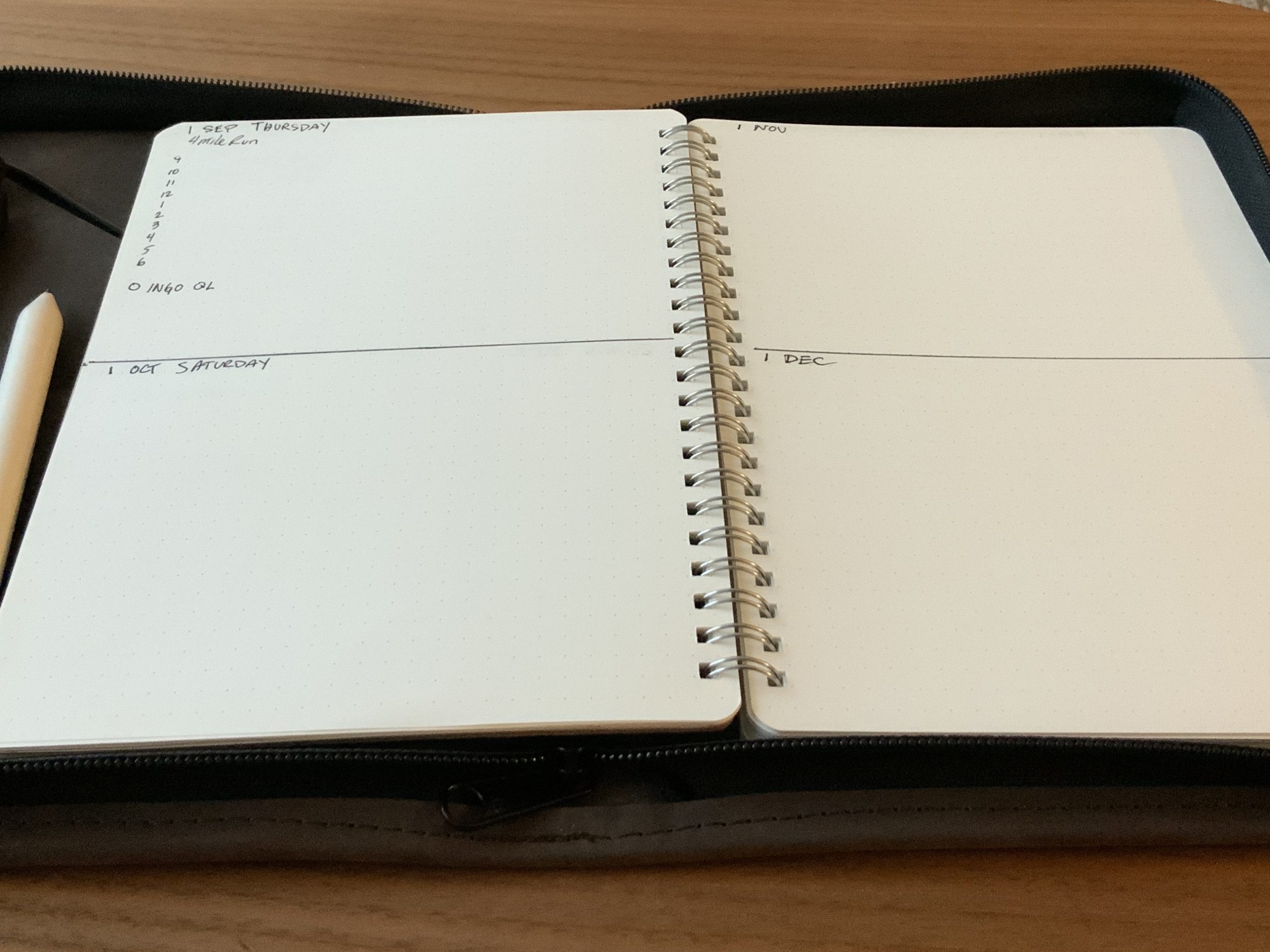 Prototype of a recurring journal showing Sep 1, Oct 1 on left hand page and Nov 1 and Dec 1 on right hand page