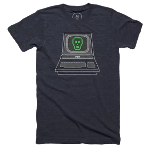 T-shirt showing a PET computer with a pixelated skull on it in green